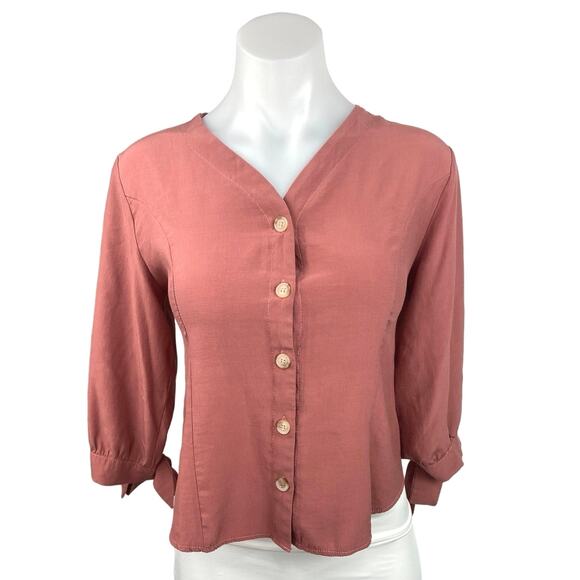 Citie Pink V Neck 3/4 Sleeve Tie Cuff Casual Button Down Shirt Blouse Top Size M - Picture 1 of 5